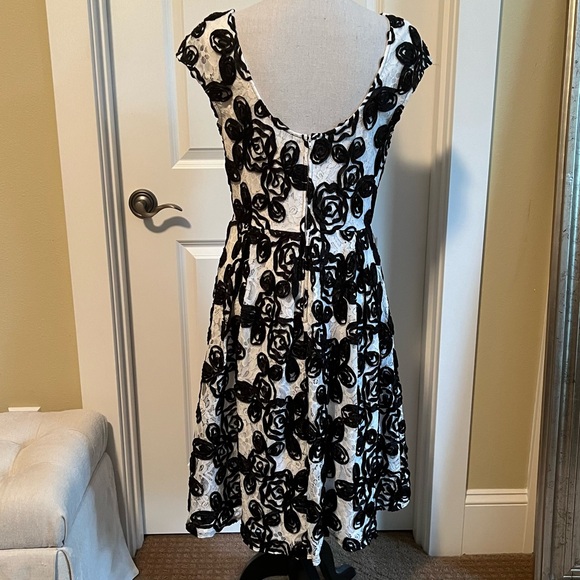 Black Off-White Lace Soutache Dress, Knee Length by Marina - Picture 3 of 5